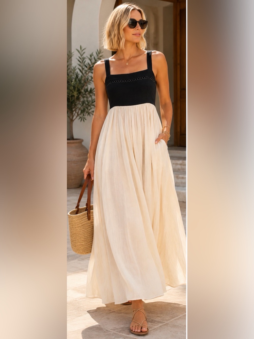 Taylor Black Bodice Cream Flowing Maxi Dress